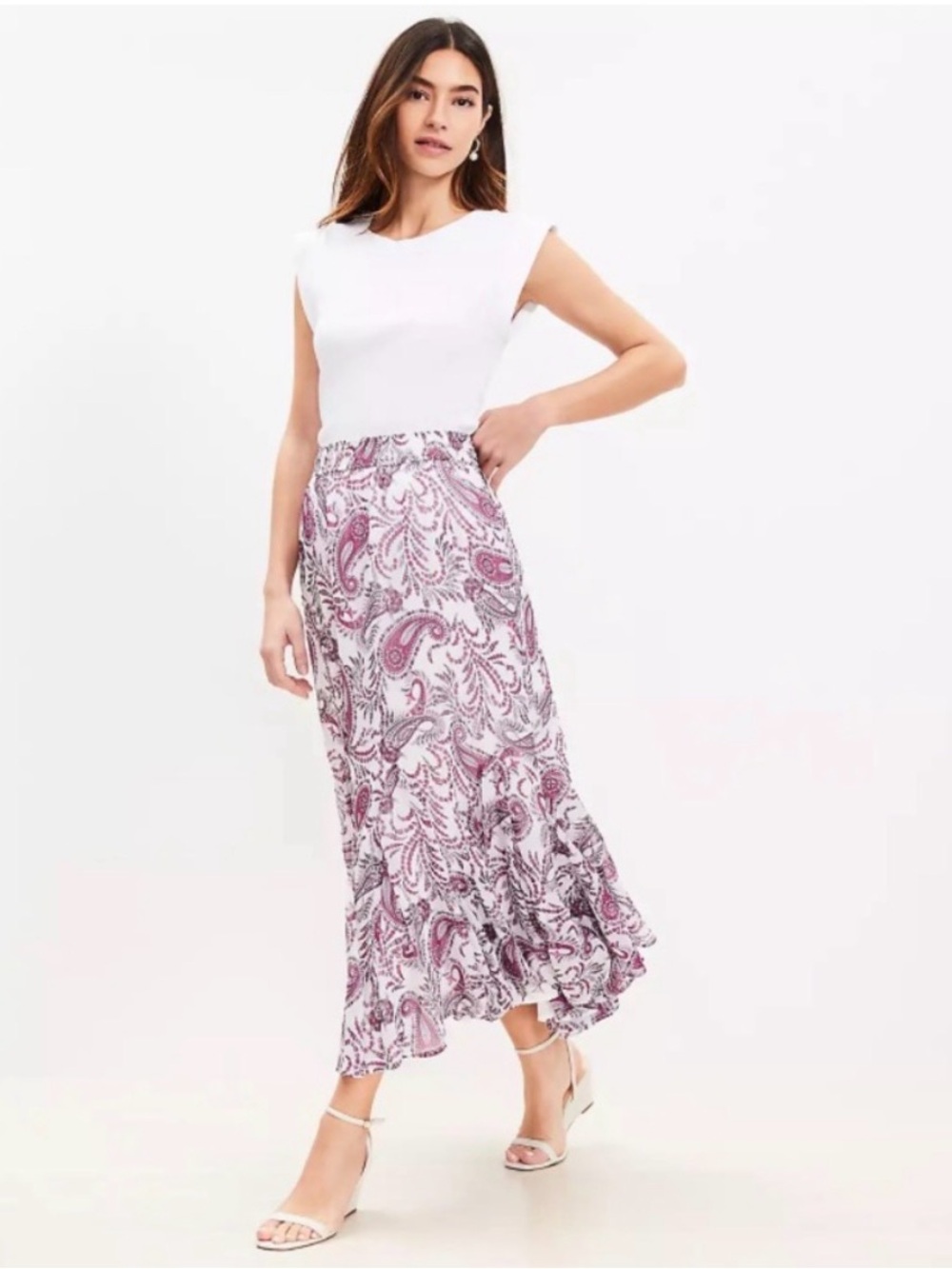 LOFT White Maxi Skirt with Pink Paisley Ruffle Hem